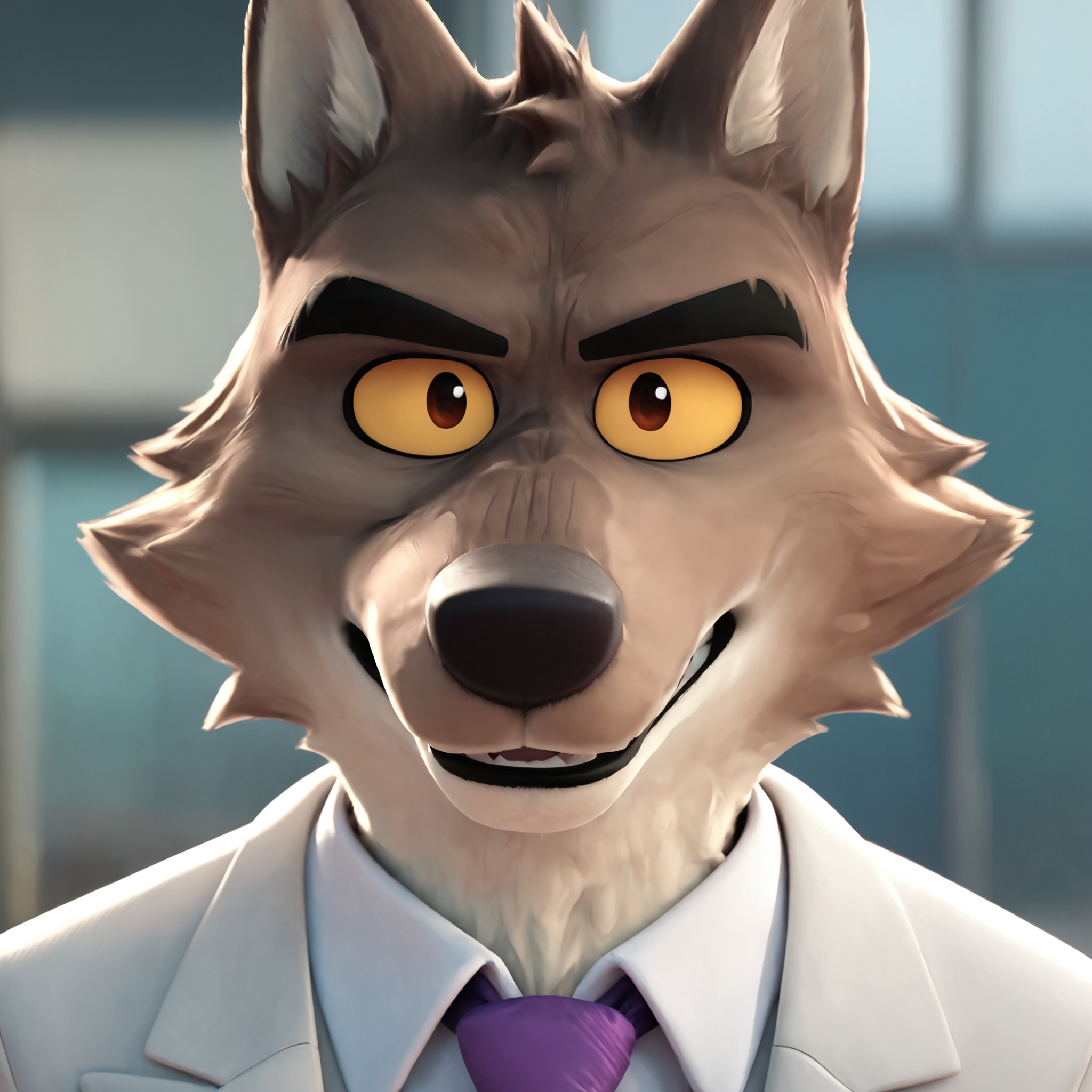 <lora:DreamWorks_Furry_Mix:0.7>, score_9, score_8_up, score_7_up, score_6_up, BREAK
source_furry, MrWolf, 1boy, white suit, purple tie, close up on face, (front view:1.2), looking at viewer, perfect face