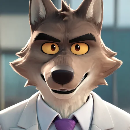 <lora:DreamWorks_Furry_Mix:0.7>, score_9, score_8_up, score_7_up, score_6_up, BREAK
source_furry, MrWolf, 1boy, white suit, purple tie, close up on face, (front view:1.2), looking at viewer, perfect face
