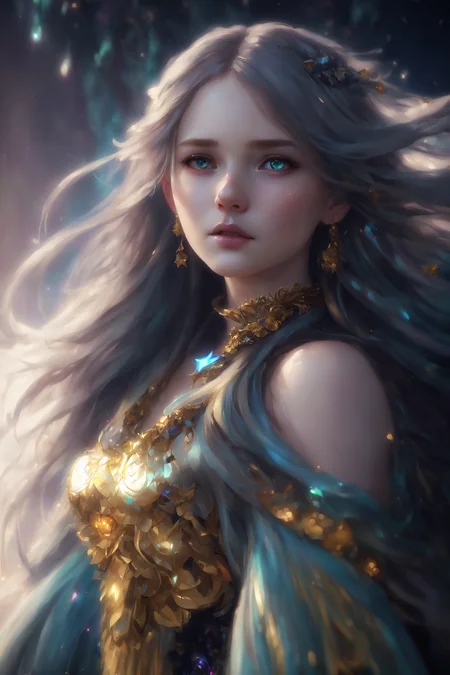 (dark dim dramatic atmosphere)+ 8k portrait aurora, girl with super long hair, hair dissolving into bright stars, in drip modern clothing, intricate, highly detailed, digital painting, smooth, sharp focus, illustration, unreal engine 5, 8 k, art by artgerm and greg rutkowski and alphonse mucha