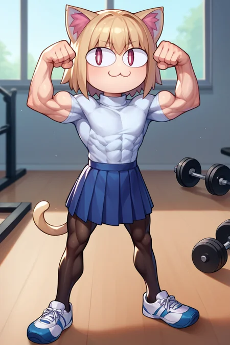 score_9, score_8_up, score_7_up, score_6_up, score_5_up, score_4_up, BREAK, solo, <lora:necoarc-guy-PONY-v1:.95>, necoarc, lit pupils, cat ears, chibi, :3, muscular, flexing, turtleneck, blue skirt, pleated skirt, pantyhose, gym, indoors,