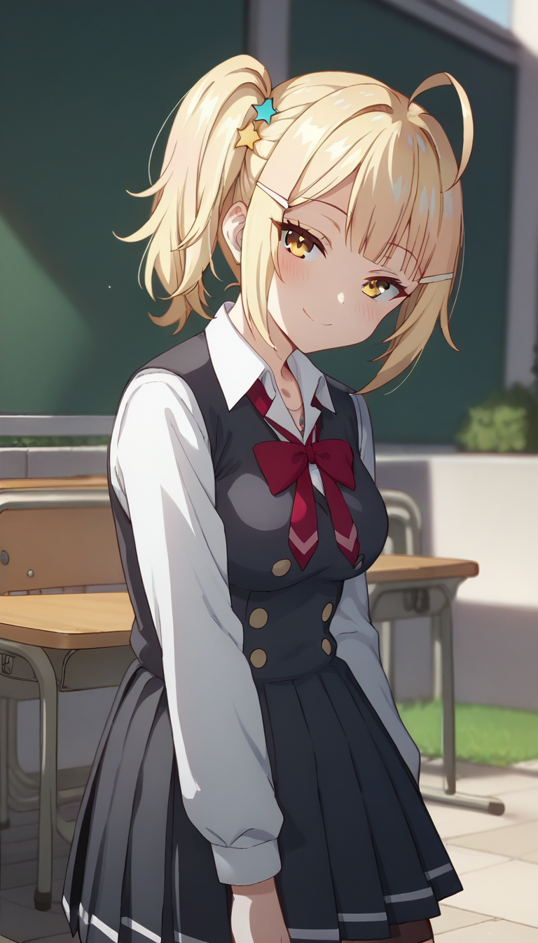 score_9,score_8_up,score_7_up,score_6_up BREAK official art,solo,outdoors,upper body,(portrait:1.5),looking at viewer,facing viewer,smile,blush,Miyamae Nonoa,ahoge,blonde hair,medium hair,side ponytail,star hair ornament,hairclip,sidelocks,blunt bangs,yellow eyes,school uniform,grey jacket,cropped jacket,open jacket,wing collar,red bowtie,black dress,pleated dress,double-breasted,collared shirt,white shirt,medium breasts,long sleeves,white socks,loafers,brown footwear,<lora:Miyamae Nonoa(tsrdta)-Pony:1.4>,