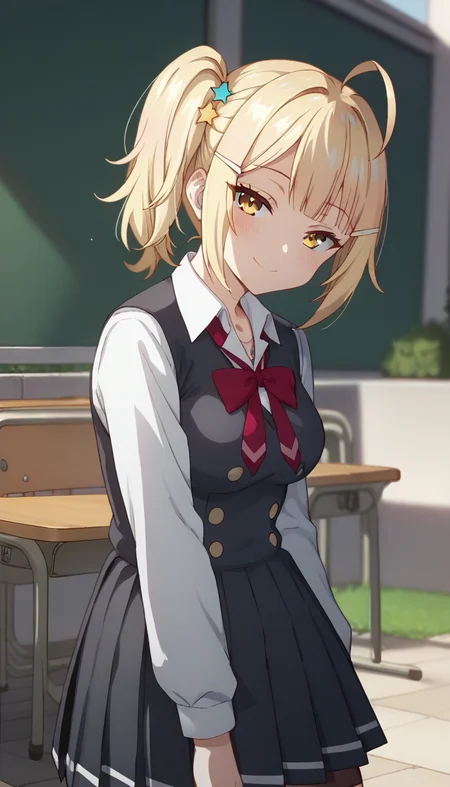 score_9,score_8_up,score_7_up,score_6_up BREAK official art,solo,outdoors,upper body,(portrait:1.5),looking at viewer,facing viewer,smile,blush,Miyamae Nonoa,ahoge,blonde hair,medium hair,side ponytail,star hair ornament,hairclip,sidelocks,blunt bangs,yellow eyes,school uniform,grey jacket,cropped jacket,open jacket,wing collar,red bowtie,black dress,pleated dress,double-breasted,collared shirt,white shirt,medium breasts,long sleeves,white socks,loafers,brown footwear,<lora:Miyamae Nonoa(tsrdta)-Pony:1.4>,
