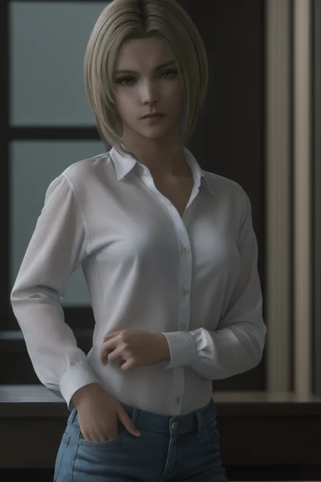 masterpiece,highres,realistic,1girl,benedikta_harman,<lora:benedikta_sdxl_V1:0.65>,upper body,looking at viewer,blouse,jeans,