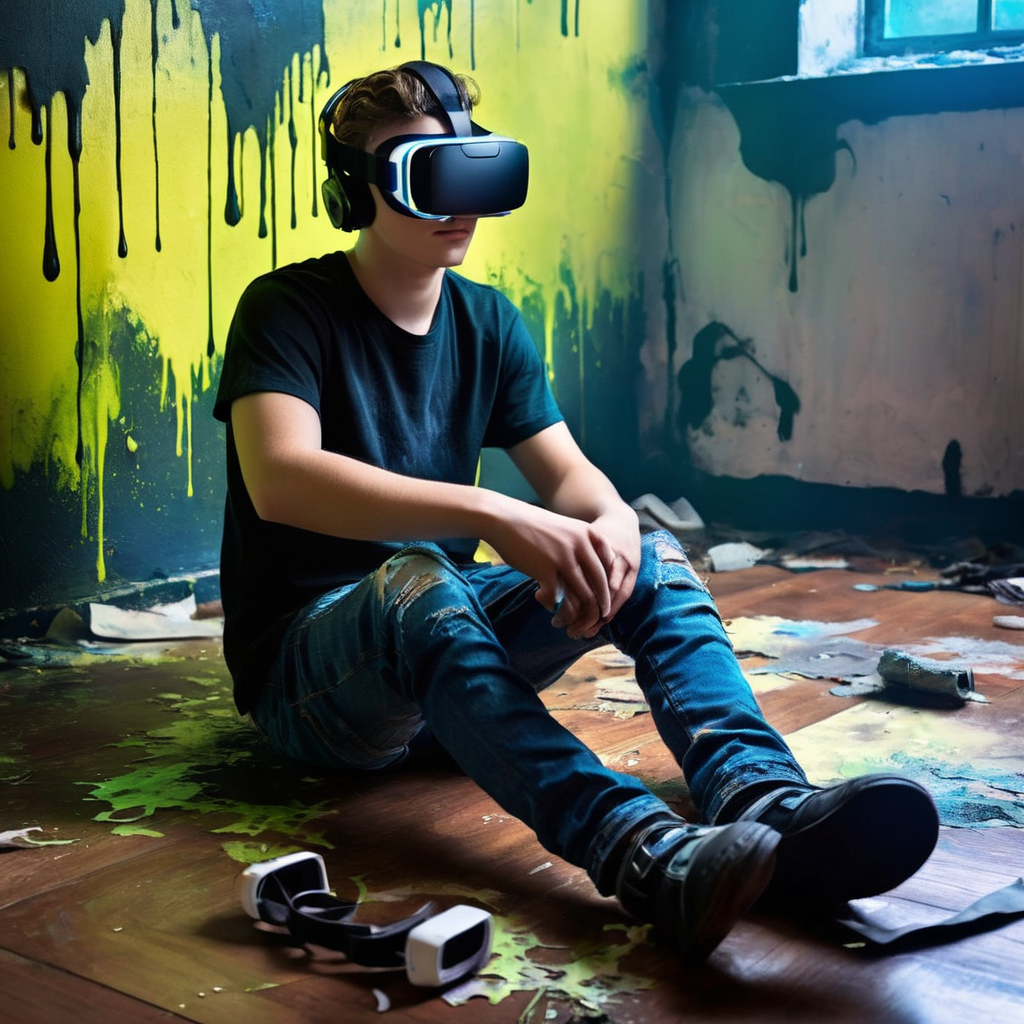 Dark Fantasy Art of  <lora:Dark Art Painting Style:1>
a teen boy with glowing vr goggles sitting on the floor in a room with peeling paint dark art painting style, dark, moody, dark fantasy style