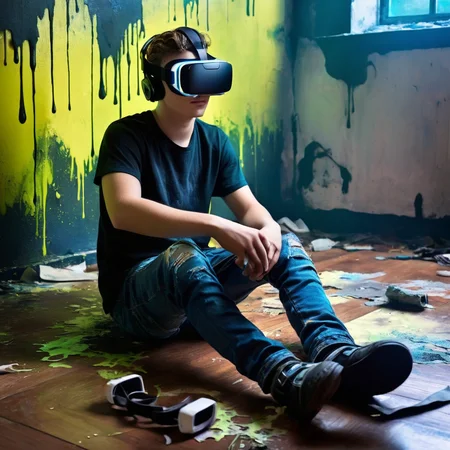 Dark Fantasy Art of  <lora:Dark Art Painting Style:1>
a teen boy with glowing vr goggles sitting on the floor in a room with peeling paint dark art painting style, dark, moody, dark fantasy style