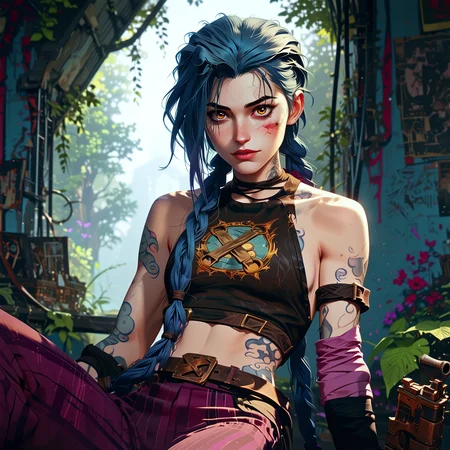 , score_9, score_8_up, score_7_up, high quality, best quality, highly detailed, PONY\zPDXL3, zy_Realism_Enhancer_v1, D4rC0m, crop top, sleeve, armbands, purple striped pants, gloves, gun, belt, 1girl, j1nx, blue hair, pale skin, chocker, blue eyes, long blue twin pigtails, tattoo, <lora:XL\Art Style\Anime_Style_Vauxz_v2-000004:0.5>, <lora:XL\Character\JinxPDXL:0.5>, <lora:XL\Effects\D4rC0mXLP:0.5>