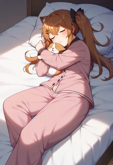 score 9, score 8 up, score 7 up, detailed background, shiny skin, <lora:ump9.pony:1>, ump9, bedroom, bed, sleeping, eyes closes, snoring, relaxed, peacefull, cat, huge cat, cuddling with cat, pajamas,
