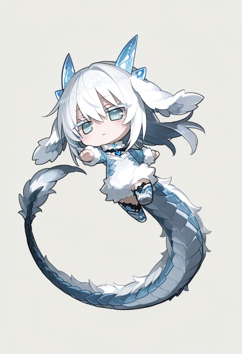 score_9, score_8_up, score_7_up, anime, best quality, 1man, white hair, sky blue eyes, long eyelashes, white eyelashes, light skin, perfect face, small, hair between the eyes, side-parted hair, small crystal horns, sky blue horns, fluffy ears, long tail, long dragon tail, fluffy tail, long hair, flat chested, small waist, side animal ears, animal ears, floppy ears,
,
, 
dynamic pose, expressive, dynamic pose, dynamic angle, volumetric lighting, cinematic lighting,
,
,
full body, simple background, (chibi:1.8), (cute:1.8), (kawai:1.8)