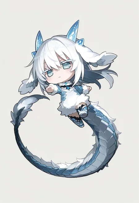 score_9, score_8_up, score_7_up, anime, best quality, 1man, white hair, sky blue eyes, long eyelashes, white eyelashes, light skin, perfect face, small, hair between the eyes, side-parted hair, small crystal horns, sky blue horns, fluffy ears, long tail, long dragon tail, fluffy tail, long hair, flat chested, small waist, side animal ears, animal ears, floppy ears,
,
,
dynamic pose, expressive, dynamic pose, dynamic angle, volumetric lighting, cinematic lighting,
,
,
full body, simple background, (chibi:1.8), (cute:1.8), (kawai:1.8)