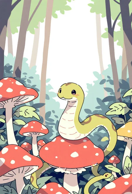 (masterpiece, best quality, high quality, highres), very awa, highres, absurdres,
(naguru \(cyoroama\), (chii-kun \(seedyoulater\):0.7), 
(snake:1.1),
(no humans:1.1), (cute:1.2), comfy, solo, cozy,
on huge mushroom, forest, sunny day, oo, sitting,