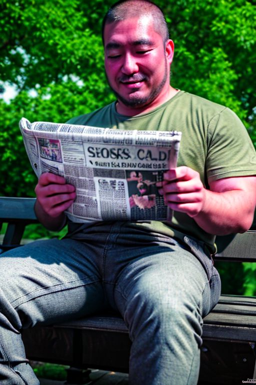 (((asianbearichi sitting on a park bench reading a newspaper))), eyeglasses, looking down, khaki slacks, boots, light beard stubble, shaved head, muscular beefy, highres, ultra detailed:1.3, 4k, high quality, ultra realistic, sharpen image, extremely detailed CG unity 8k wallpaper, 24mm, exposure blend, hdr, faded, extremely intricate, High Detail:1, Sharp focus, soft cinematic light, looking at viewer, detailed pupils, cute smile, 4k textures, soft cinematic light,  cinematic look, insane details, hyperdetailed, Highly detailed
