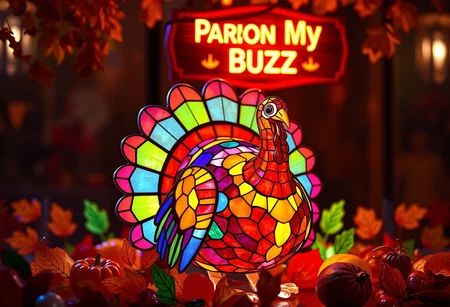 ultra-realistic, 3D image of a vibrant, neon-lit turkey crafted entirely from colorful glass, glowing with luminescent colors. Above the turkey, a stained glass sign reads 'Pardon My Buzz' in a bold, Thanksgiving-themed font. The entire scene is rich with warm, festive hues, bringing out the intricate details and radiant glow of each glass piece, making the turkey feel lively and celebratory, surrounded by soft hues of glass leaves, and seasonal vegetables, creating an artistic look.
