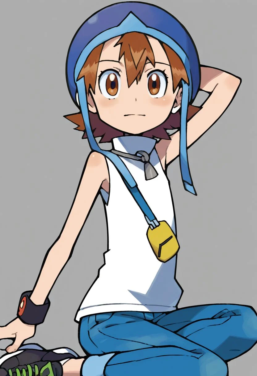 zPDXL, score_9, score_8_up, score_7_up, source_anime, <lora:Digimon_v2-15:0.8> digimon, 1girl, solo, sora, brown hair, brown eyes, short hair, hair between eyes, blue helmet, hat straps, yellow turtleneck, sleeveless, white collar, jeans, black sneakers,, nervous, arm_behind_head