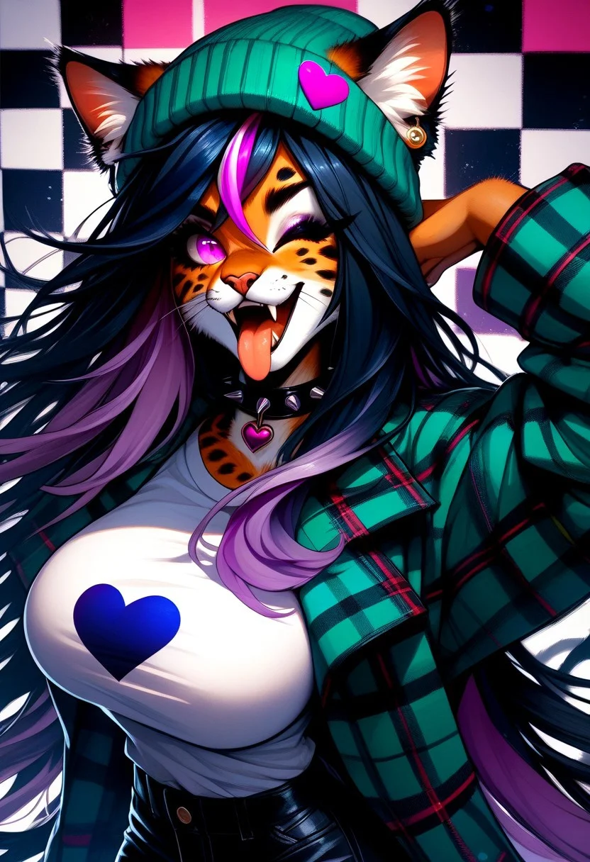 score_9, score_8_up, score_7_up, source_furry, EPBH1, female furry, cat girl, cat ears, cat tail, teeth, fangs, very long hair, (dark blue hair, violet highlights:2), magenta eyes, wink, heart design, plaid jacket, green jacket, green beanie, spotted fur, striped fur, white shirt, spiked choker, checkered background, tongue out, (large breasts:2), hand up, hand behind head