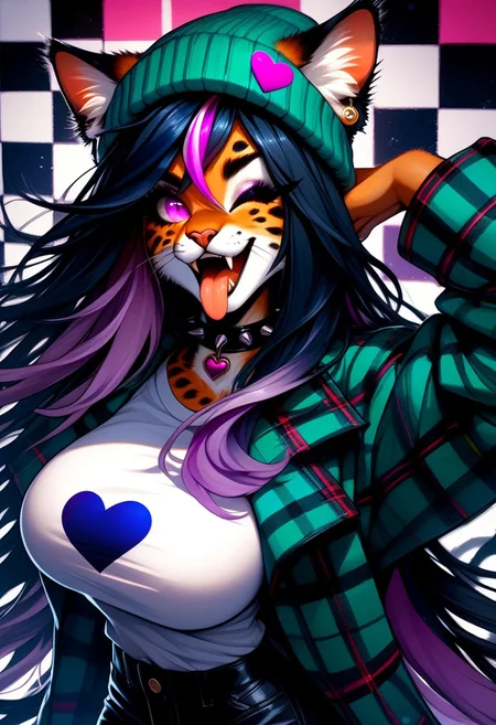 score_9, score_8_up, score_7_up, source_furry, EPBH1, female furry, cat girl, cat ears, cat tail, teeth, fangs, very long hair, (dark blue hair, violet highlights:2), magenta eyes, wink, heart design, plaid jacket, green jacket, green beanie, spotted fur, striped fur, white shirt, spiked choker, checkered background, tongue out, (large breasts:2), hand up, hand behind head