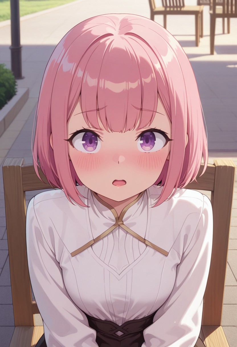 masterpiece,best quality,amazing quality, ashford lululee, pink hair, short hair, purple eyes, 1girl, solo, looking at viewer, upper body, chair, open mouth, shirt, blush, white shirt, sitting, outdoors
