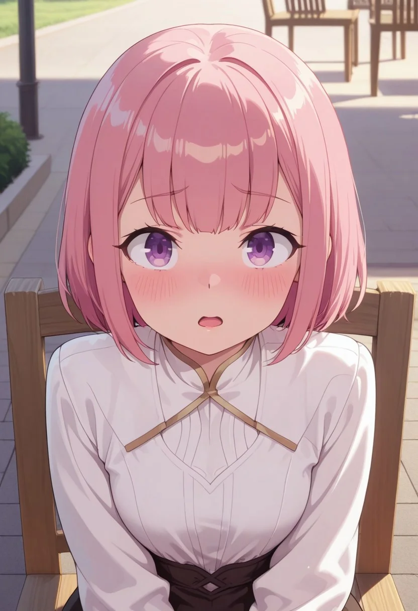 masterpiece,best quality,amazing quality, ashford lululee, pink hair, short hair, purple eyes, 1girl, solo, looking at viewer, upper body, chair, open mouth, shirt, blush, white shirt, sitting, outdoors