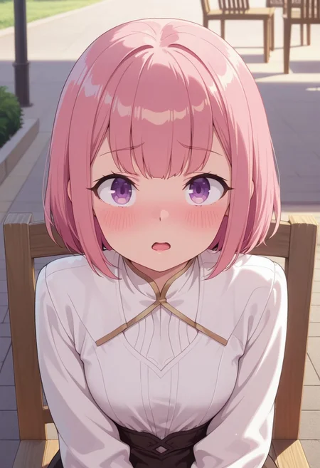 masterpiece,best quality,amazing quality, ashford lululee, pink hair, short hair, purple eyes, 1girl, solo, looking at viewer, upper body, chair, open mouth, shirt, blush, white shirt, sitting, outdoors