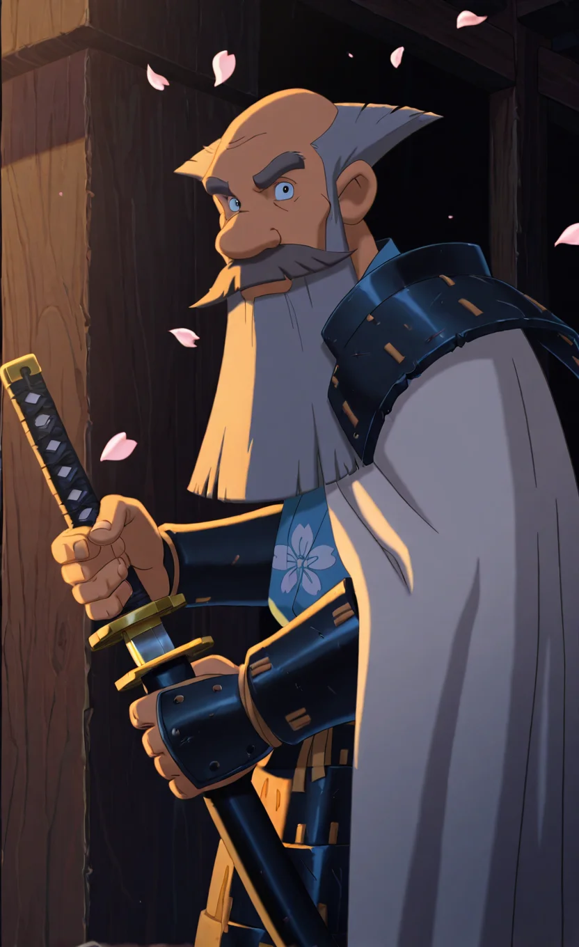 anime artwork (masterpiece), (best quality), (ultra-detailed), 
<lora:NOOB_vp1_detailer_by_volnovik_v1:1.4>
 <lora:tihon:1> tihon, 1boy, male focus, facial hair, mustache, blue eys, beard, grey hair, old, bald,  closed mouth, blood, standing, japanise houses,
weapon, (katana,:1.2) holding, holding weapon, holding sword, holding katana, engraved katana, fighting stance, two-handed, 1girl, solo, looking at viewer, (headgear,:1.2) saishi, japanese armor, dou, sidelighting, petals,  floral print, shoulder armor, gauntlets, white cape, vambraces, kusazuri, <lora:cfg_scale_boost:0.8> <lora:dark_v1.9-pony:0.4> dark theme,  . anime style, vibrant, studio anime, highly detailed