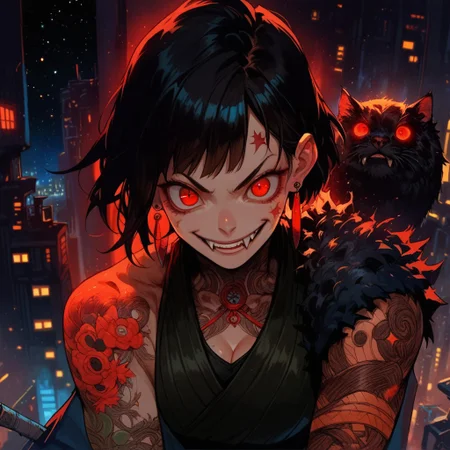 score_9, score_8_up, score_7_up, score_6_up, score_5_up, score_4_up, 1girl, solo, pale skin, red eyes, black hair, bangs, cleavage, 2 fangs, view from above, smile, earrings, legs, feet, sleeveless, arm tattoos, neck tattoos,
city, night, stars,