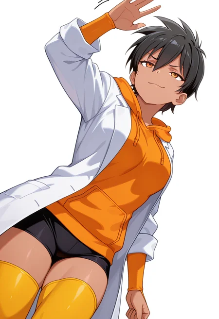 masterpiece,high quality details, absurdres,
waving,
<lora:Kanie_Kusagakure:0.8> kanie_cnr, 1girl, black hair, short hair, dark skin, muscular, medium breasts,, simple background, white background, dynamic angle,solo,, smug,disgust,, lab coat  ,hoodie ,spats, ,yellow thighhighs,