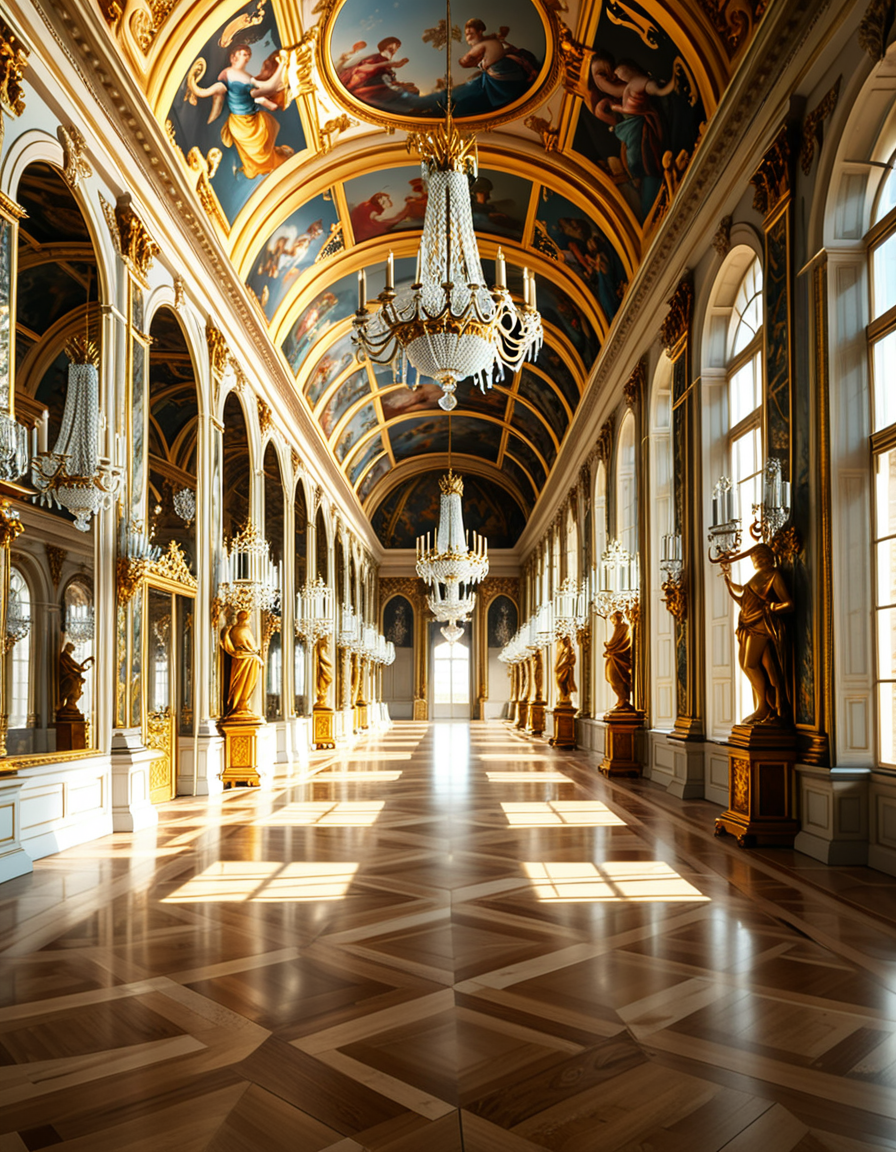 A breathtaking, photorealistic depiction of the Hall of Mirrors (Galerie des Glaces) at the Palace of Versailles in France, captured in golden afternoon light. The hall is grand and opulent, with a high arched ceiling painted with intricate Baroque frescoes. The walls are lined with tall arched mirrors on one side and large arched windows on the opposite side, flooding the space with natural light. Elegant crystal chandeliers hang from the ceiling, reflecting in the mirrors and sparkling with golden highlights. The marble floors are polished and gleaming, with rich, warm tones. Gilded statues and decorative elements frame the mirrors and doorways. The image style is ultra-detailed and photorealistic, with sharp textures and soft, warm lighting creating a majestic, timeless atmosphere. No people present, only the serene magnificence of the empty hall. Camera angle at eye level, centered down the hall, capturing the full length and symmetry of the space.
<lora:SDXLFaeTastic2400:0.4> <lora:extremely_detailed:0.4> extremely detailed,<lora:Hall_of_M1rr0rs:1>,Hall of M1rr0rs, Masterpiece,best quality,hi res,8k,hi res,8k,award winning,(sharp focus, intricate, highly detailed),