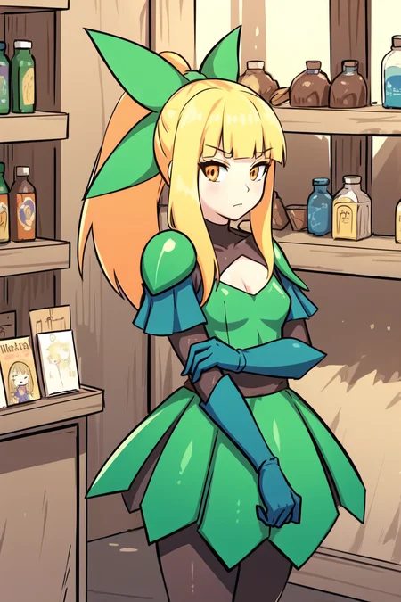 masterpiece, best quality,<lora:Fey_Fandeltales-000019:0.57>,
Fey_Fandeltales, bangs, orange eyes,blonde hair, (armor, ponytail, shoulder pads) , small breasts, hair bow,
bare arms, looking at viewer, ( Beautiful, purchasing items from shop) , thick outlines, clean outlines, cartoon