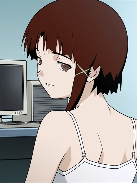 best quality, amazing quality, very aesthetic, absurdres, masterpiece, anime screencap, seductive smile, <lora:Lain_ILXLv0:1> iwakura_lain_(sel), white camisole, computer, looking back