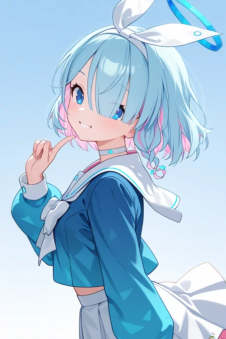 masterpiece, best quality, 1girl, solo, 21 year old model, eyelashes, (beautiful eyes), ,,, zzArona, blue eyes, blue hair, hair over one eye, bangs, blue halo, mechanical halo, long sleeves, ribbon, school uniform, serafuku, skirt, white skirt, <lora:AronaBlueArchiveIXL:1.0>, upper body, side view, smile, looking at viewer, shiny skin,