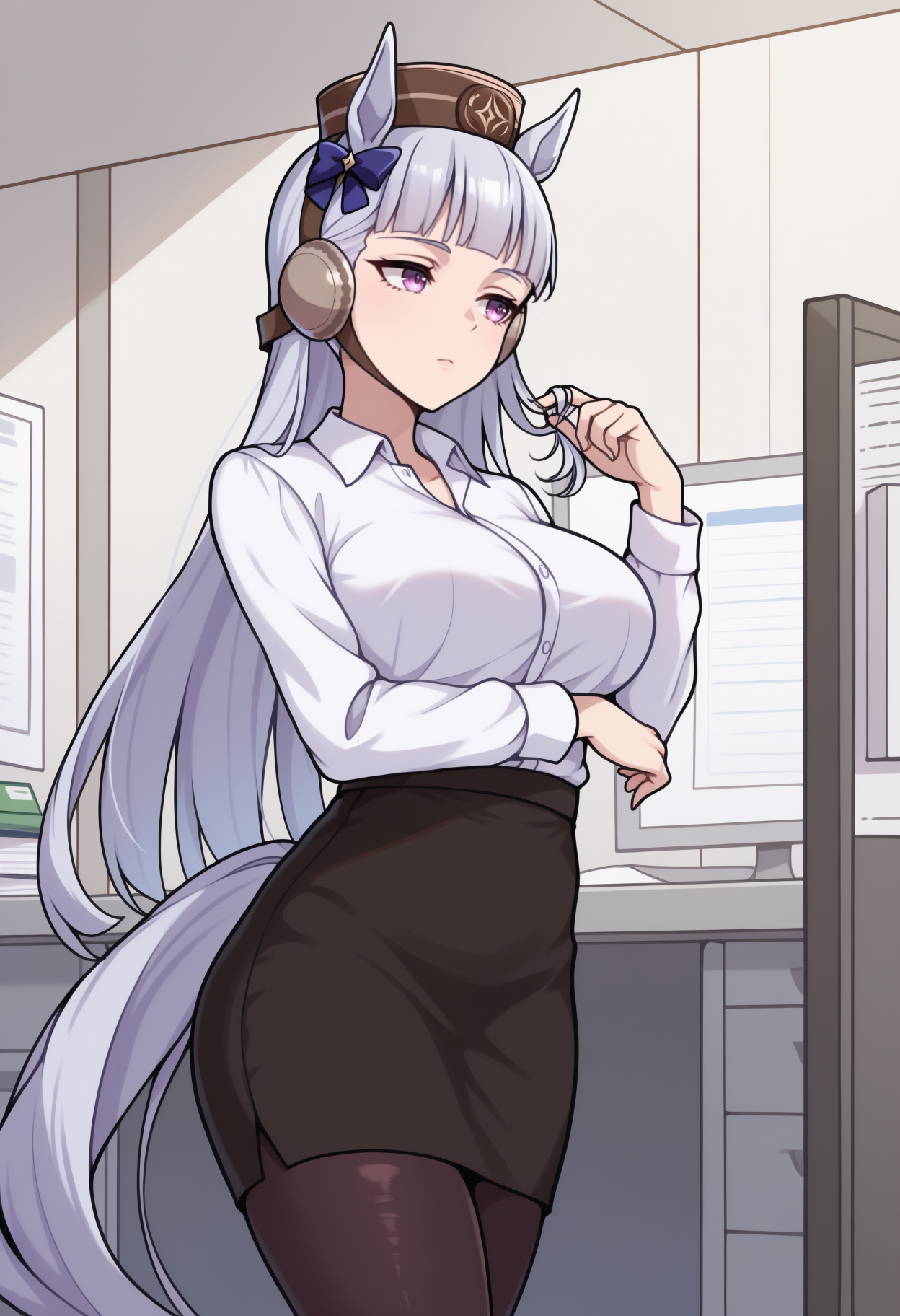 masterpiece, best quality, solo, 1girl, gdspdef, horse tail, expressionless, looking to the side, standing, index finger raised, twirling hair, playing with own hair, long hair, grey hair, blunt bangs, brown headwear, pillbox hat, animal ears, ear bow, purple eyes, white shirt, collared shirt, long sleeves, black skirt, pencil skirt, black pantyhose, indoors, office, cubicle
<segment:yolo-Anzhc Face seg 640 v2 y8n.pt,0.4,0.5//cid=1>