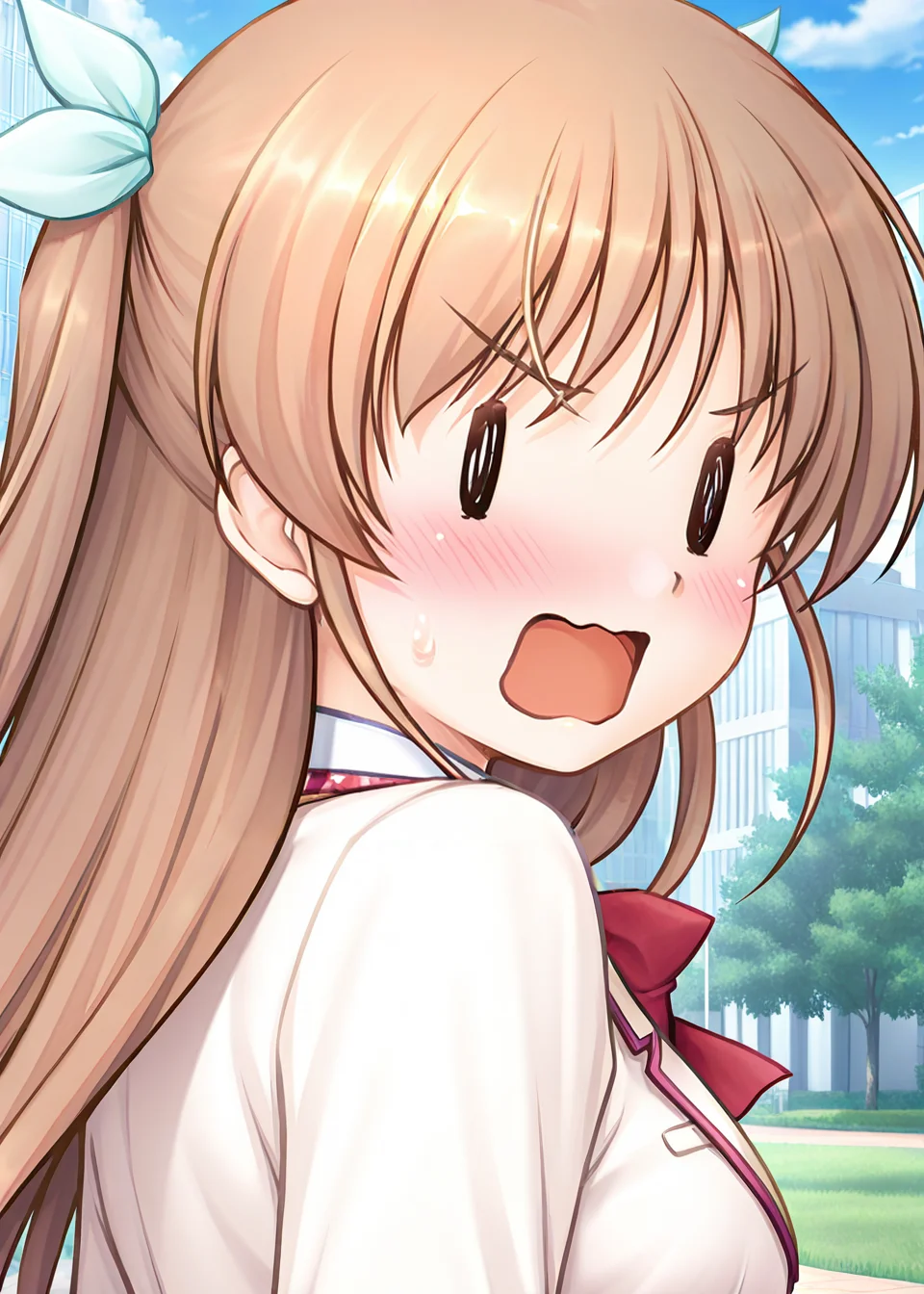 masterpiece, best quality, very aesthetic, absurdres, official art, official style, general, censored BREAK,
<lora:shirasakitsugumi_IL_v1-1:0.7>, shirasaki tsugumi, 1girl, solo, light brown hair, long hair, two side up, hair ribbon, white ribbon, light green ribbon, medium breasts, school uniform, blazer, pink jacket, open jacket, button, pocket, red bowtie, plaid bowtie, white shirt, collared shirt, yellow sweater vest, long sleeves, outdoors, day, blue sky, tree, cloud, building, city, grass, portrait, close-up,
black eyes, blush, ||, astonished, comic, d:, from behind, from side, looking at viewer, looking back, meme, open mouth, parody, solid oval eyes, square mouth, troubled eyebrows, wavy mouth