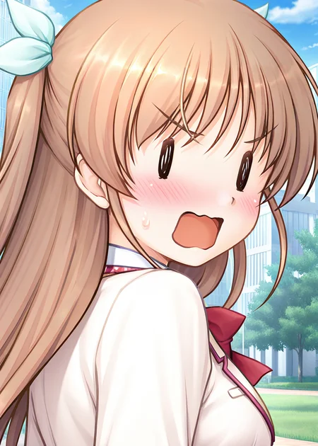 masterpiece, best quality, very aesthetic, absurdres, official art, official style, general, censored BREAK,
<lora:shirasakitsugumi_IL_v1-1:0.7>, shirasaki tsugumi, 1girl, solo, light brown hair, long hair, two side up, hair ribbon, white ribbon, light green ribbon, medium breasts, school uniform, blazer, pink jacket, open jacket, button, pocket, red bowtie, plaid bowtie, white shirt, collared shirt, yellow sweater vest, long sleeves, outdoors, day, blue sky, tree, cloud, building, city, grass, portrait, close-up,
black eyes, blush, ||, astonished, comic, d:, from behind, from side, looking at viewer, looking back, meme, open mouth, parody, solid oval eyes, square mouth, troubled eyebrows, wavy mouth