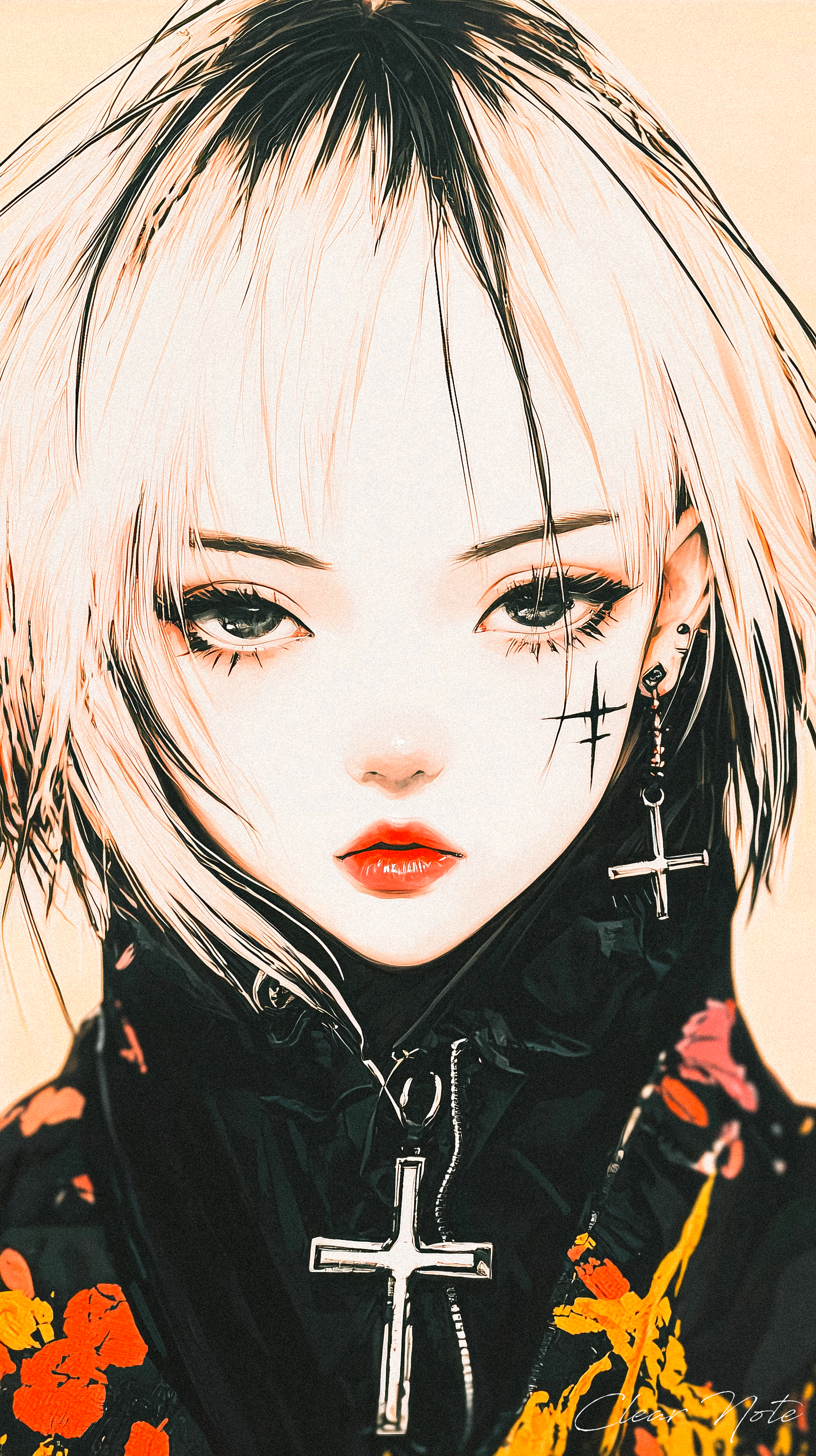 Japanese anime art style,
Pink pixie hair, a cross-marked face,
Earrings gleam with a rebel's grace.
In black, with blooms of yellow sewn,
Her icy stare chills to the bone.