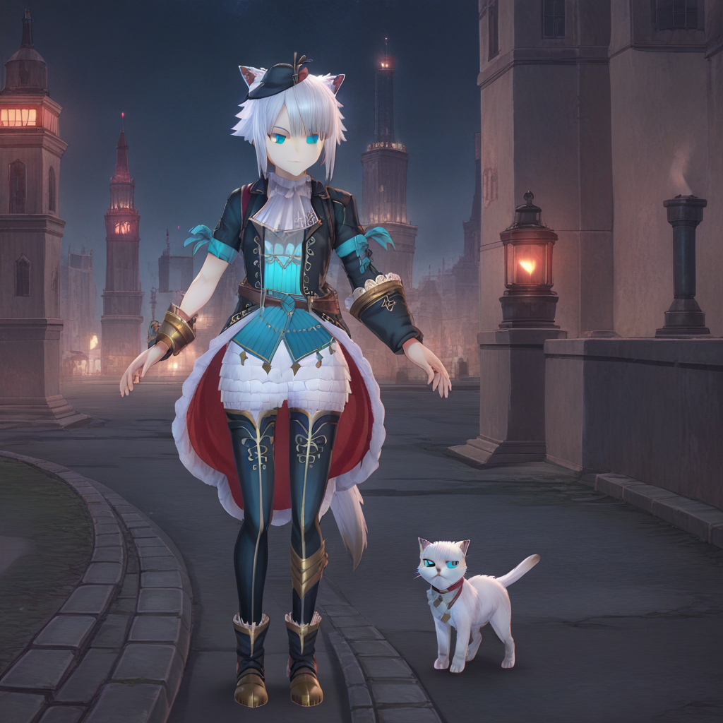 score_9,score_8_up,score_7_up,rating_safe,1girl,<lora:ys9_white_cat-step00000500:1>,white_cat,white hair,cat ears,short hair,blue eyes,, full body, night, cityscape