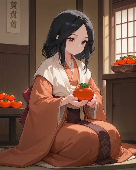 masterpiece, best quality,1girl, indoors, 1girl, sitting, persimmon, black hair, divinechild, japanese clothes, <lora:divinechild:0.8>
