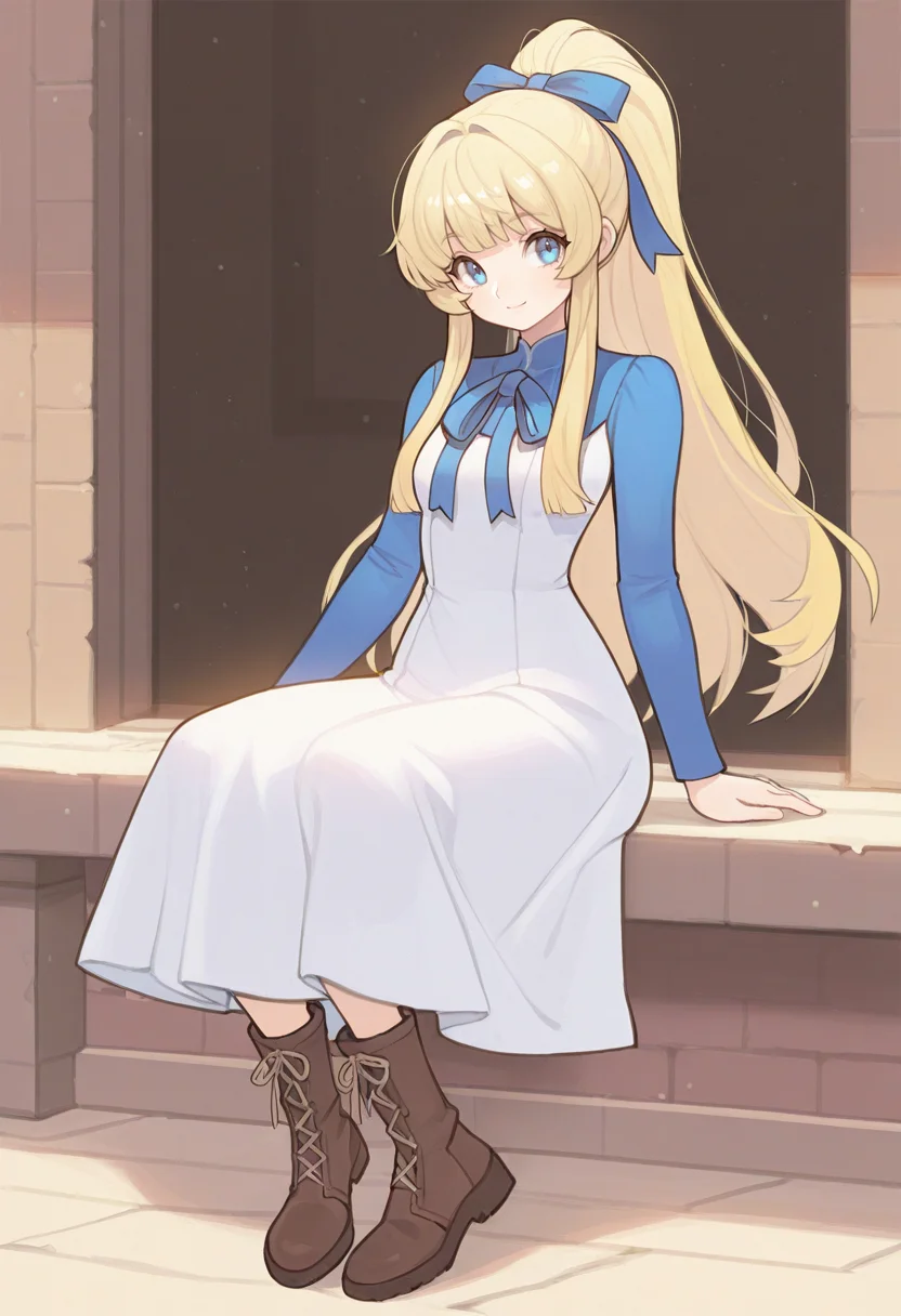 masterpiece, best quality, <lora:Alpaca:1> 4lp4c4, 1girl, blonde hair, blue eyes, dress, long hair, smile, ribbon, ponytail, sitting, long sleeves, looking at viewer, boots, bangs, full body, solo, closed mouth, sidelocks