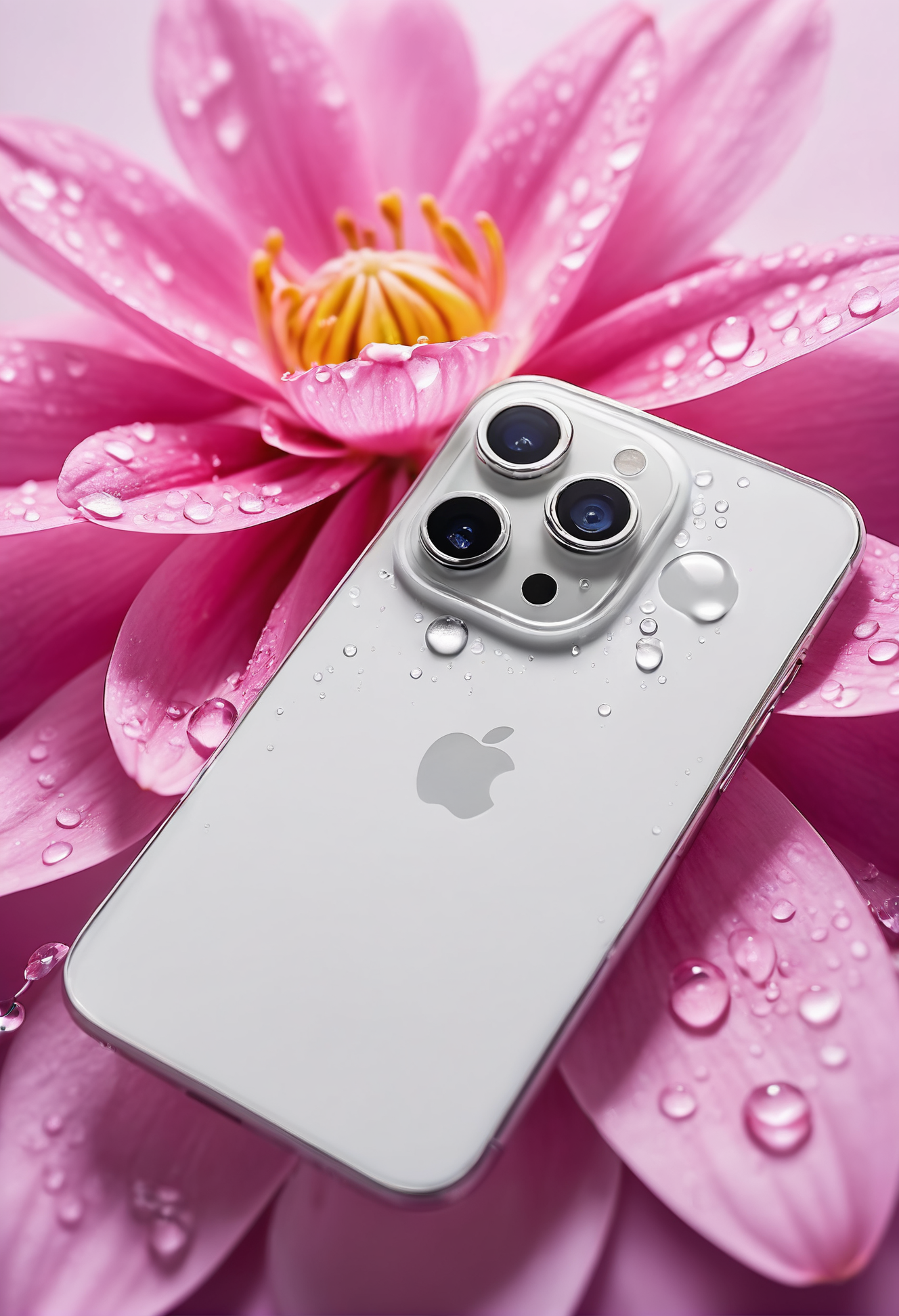 HD, phone, white smartphone alongside a delicate pink flower adorned with dewdrops, a juxtaposition of sleek technology and the intricate beauty of nature in bloom. <lora:unit_iPhone:0.8>