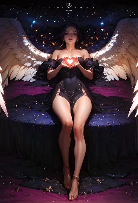 score_9, score_8_up, score_8, 1girl, large angel wings, full body, feet, candles, holding glowing heart, black galaxy dress, stylish, fashionable, magazine cover style illustration, helvetica bold <lora:pony/twilight_style:0.8> concept art, realistic <lora:pony/expressiveh:0.8> expressiveh <lora:sdxl/princess_xl_v2:0.8> <lora:sdxl/sinfully_stylish_sdxl>