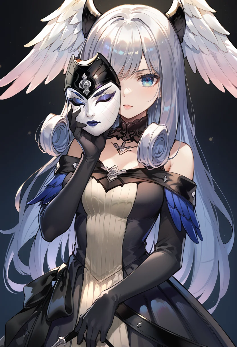 (score_9:0.9),score_8_up,score_7_up,rating_safe,anime style,(zPDXL),<lora:XB3 Melia Antiqua ponyXL v1:0.74>,melia antiqua xb3,1girl,solo,holding mask,black dress,black elbow gloves,mask,mask removed,medium breasts,bare shoulders,black choker,dark theme,
