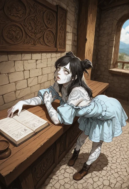 very awa, lineart, watercolor, negative space, [sei shoujo], [yoshiten], style parody, [bang dream!], [arcane: league of legends], [league of legends], (medium shot:1.9), (from above:1.5), (dramatic angle, depth of field) BREAK girl, solo, <lora:goliath:0.7> goliath, empty eyes, (stone skin), body tattoo, face tattoo, <lora:petrification_XL_pony_v1:0.4> petrification, <lora:Earth_magic_Magic_PACK:0.4> Earmagmb, rock, black hair, half bun hair , (white skin:1.2), athletic body, feminine, attractive figure ,narrow waist, medium breasts, perfect hands, moist lips, looking at viewer, (foodgasm), lip twitch BREAK nerd, wearing studded (detailed dark red_orange and light purple_blue leather blouse), bishop collar, kimono sleeves, white leather flounce skirt, ankle straps, boots, BREAK fantasy, indoors, picturesque guildhall, (grey brick walls), stone floors,, standing, bent over, , arms resting, against table, summer, day, hard light, blue sky, sunlight,, volumetric lighting BREAK <lora:Expression_Detailer_Illustrious_Lora:0.7> <lora:Echodove-ILLU:0.6> <lora:DarkerThanDarkIllustriousV1:0.5> <lora:Relatively_Default_V1_Illu_Edition:0.6> RD-Illu, <lora:Stunning_Art_-__Landscape__Background-000009:0.6> st_landscape