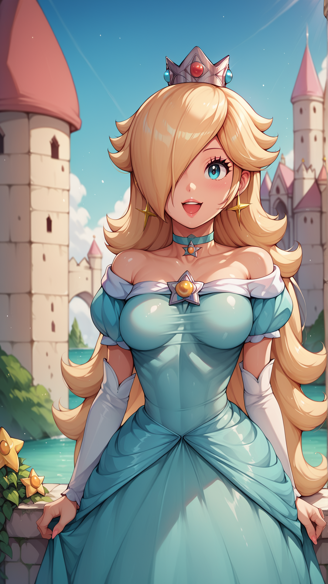 score_4,score_5,score_6,score_7_up,score_8_up,score_9 BREAK <lora:Princess_Peach_Shiny_Style_V3.0:0.7>,princess rosalina,1girl,solo,jewelry,earrings,long hair,breasts,very long hair,big hair,choker,blue dress,medium breasts,:d,outdoors,smile,open mouth,shiny,shiny skin,castle,puffy sleeves,