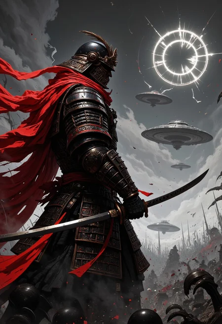 A samurai warrior stands in a mist-covered battlefield, his dark, red-accented armor gleaming under eerie cinematic lighting. His kabuto helmet, weathered and intricate, casts shadows over his obscured face while a vibrant red scarf billows dramatically behind him. He grips a sharp katana, poised for action. His black haori and red sash add a fierce edge to the scene. mythp0rt,
Rendered in a high-contrast black, white, and red color palette, the scene is alive with raw energy. Thick, bold lines emphasize the warrior’s form, while the metallic sheen of his armor reflects the surrounding atmosphere. In the distance, sleek UFOs hover under a gradient sky, their glowing rings of lights adding a mysterious sci-fi twist to the otherwise medieval aesthetic.
Deep shadows contrast with the swirling aura around the warrior, which seems ready to burst with violent intensity. The entire scene, from the sketch-like outlines to the futuristic elements, merges past and future in a high-detailed, action-packed anime-style moment, charged with emotion and power.