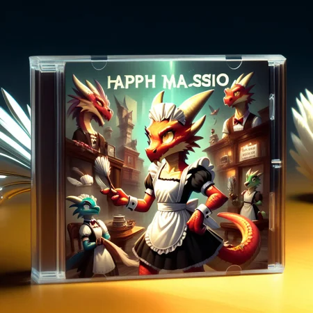 score_9_up,score_8_up,score_7_up,
4lbum4rt, cd case,  Kobold, furry dragon, tail, short stature, maid outfit, feather duster, english text