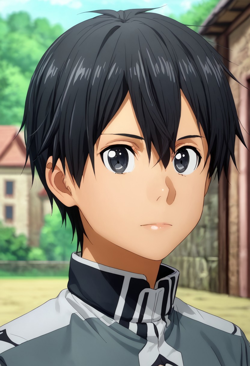high resolution, solo, best quality, 1Boy, Kazuto Kirigaya, Black Hair, Black Eyes, portraits, proud, outdoor, Half Body, Depth Of Field,