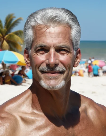 breathtaking A athletic grey haired man on vacation enjoying the local party scene at noon in going to a beach cleanup event . award-winning, professional, highly detailed