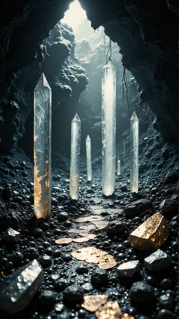 Crystal Cavern with Silver and Gold Reflections: A hidden cavern filled with giant crystals, each one reflecting silver and gold light. The cavern is bathed in a monochrome glow, with the crystals providing the only color. A small bronze artifact lies at the center, partially buried in the crystal floor.