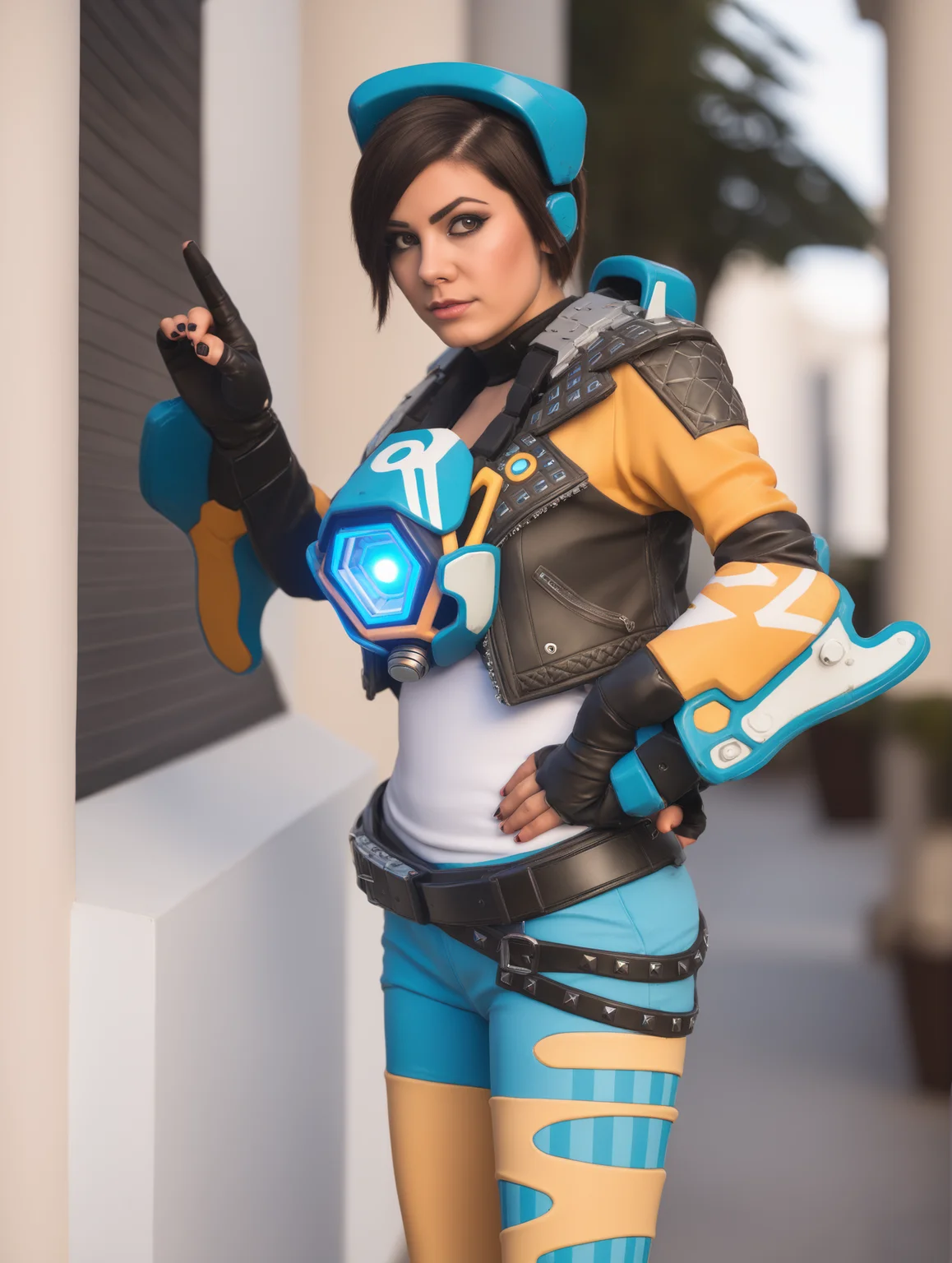photo of a girl dressed as tracer person <lora:overwatch-000007:0.7>