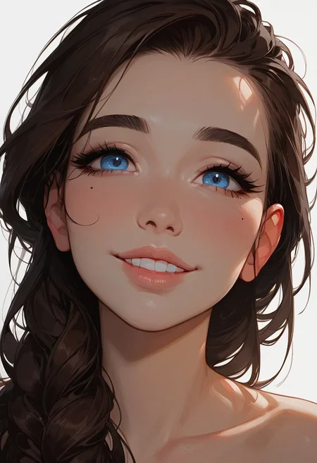 score_9, score_8_up, score_7_up,score_6_up, rating_safe, Expressiveh, (1girl), ((solo)), (the_same_girl_throughout), 18 year old girl, cute face, happy face, huge smile:1.5, white teeth, mouth open, (((playful))), innocent girl, petite, (bold eyeliner:0.5), squinting eyes, blue eyes:0.4, (pouty lips), blushing, flawless skin, (long dark brown hair:1.1), hair behind ears, big messy hair, (hair over shoulder:1.1), (dark eyebrows:1.1), volumetric Lighting, BREAK, head tilted:1.7, from above, detailed face, detailed lips, detailed eyes, looking at viewer, (portrait of girls face:2.0), (((closeup:2.2))), ((cute girls face:1.9)), (stunning face:1.2), in heat, shot from chin up, white background, high angle, from above, horny