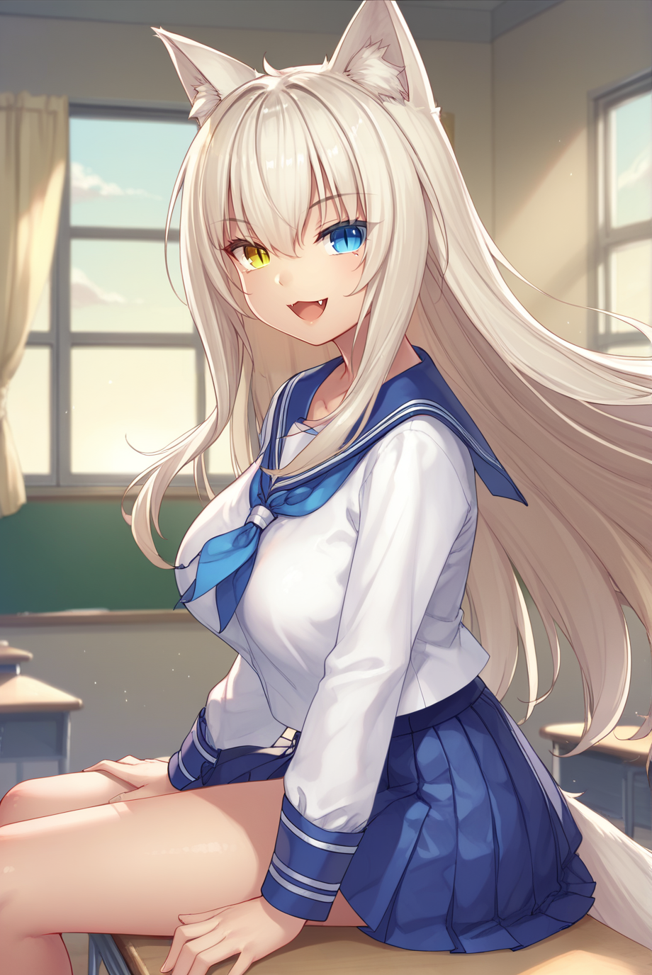 score_9, score_8_up, score_7_up, score_6_up, score_5_up, score_4_up, BREAK source_anime, 1girl, solo,
<lora:CoconutXL-v1-07:0.7>, ChopioCoconut, blonde hair, long hair, very long hair, hair between eyes, cat ears, animal ear fluff, cat girl, blue eyes, yellow eyes, heterochromia, slit pupils, looking at viewer,
large breasts, tail, bare thighs,
white serafuku, blue sailor collar, white shirt, blue neckerchief, blue skirt, pleated skirt,
classroom, sitting on desk, from side, open window, curtains, floating hair, wind, open mouth, fang, smile, seductive pose, sitting, desk,