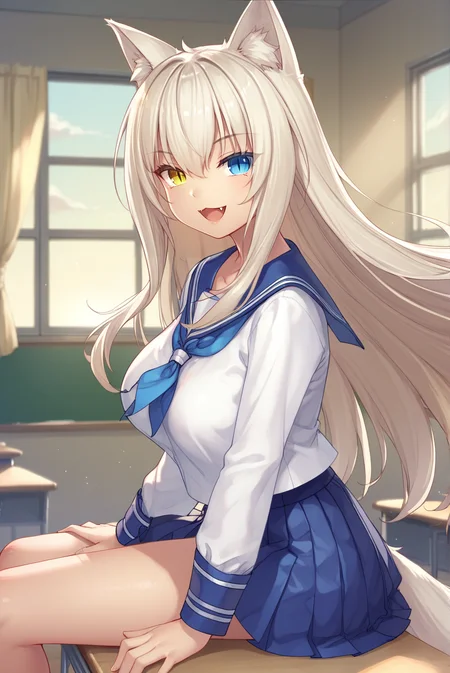 score_9, score_8_up, score_7_up, score_6_up, score_5_up, score_4_up, BREAK source_anime, 1girl, solo,
<lora:CoconutXL-v1-07:0.7>, ChopioCoconut, blonde hair, long hair, very long hair, hair between eyes, cat ears, animal ear fluff, cat girl, blue eyes, yellow eyes, heterochromia, slit pupils, looking at viewer,
large breasts, tail, bare thighs,
white serafuku, blue sailor collar, white shirt, blue neckerchief, blue skirt, pleated skirt,
classroom, sitting on desk, from side, open window, curtains, floating hair, wind, open mouth, fang, smile, seductive pose, sitting, desk,